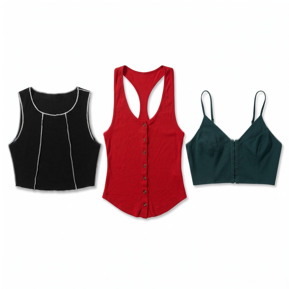 Womens Bundle 3pc Tank Crop Top Bralette XS/4 Red Black Green